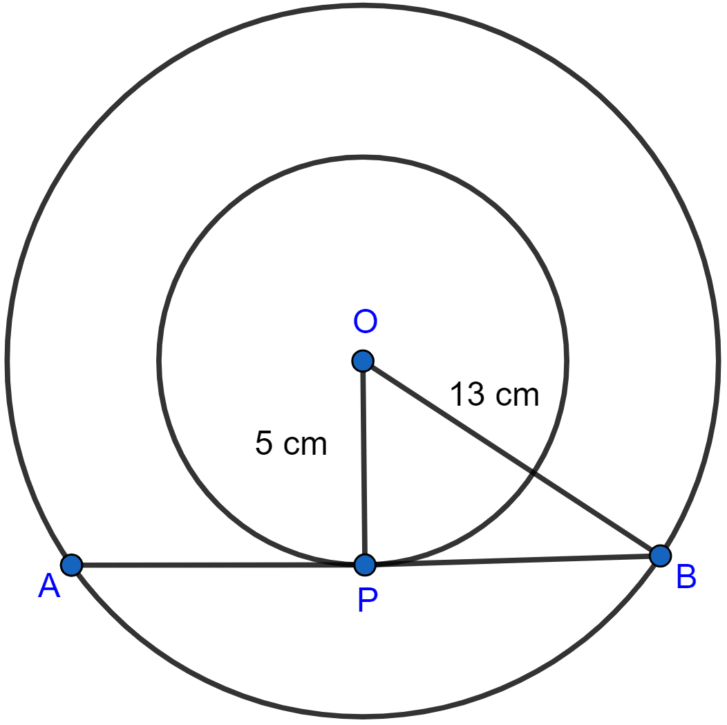 Two concentric circles are of radii 13 cm and 5 cm. Find the length of the chord of the outer circle which touches the inner circle. Circles, ML Aggarwal Understanding Mathematics Solutions ICSE Class 10.