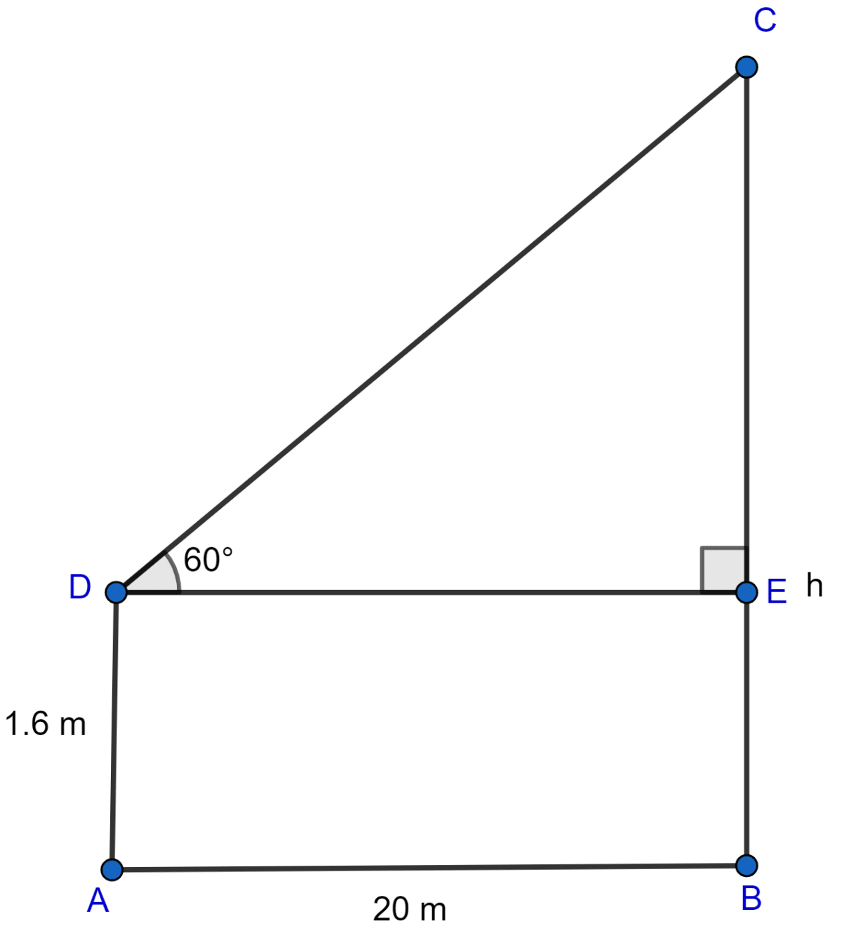 A boy, 1.6 m tall, is 20 m away from a tower and observes that the angle of elevation of the top of the tower is 60. Find the height of the tower. Heights and Distances, ML Aggarwal Understanding Mathematics Solutions ICSE Class 10.