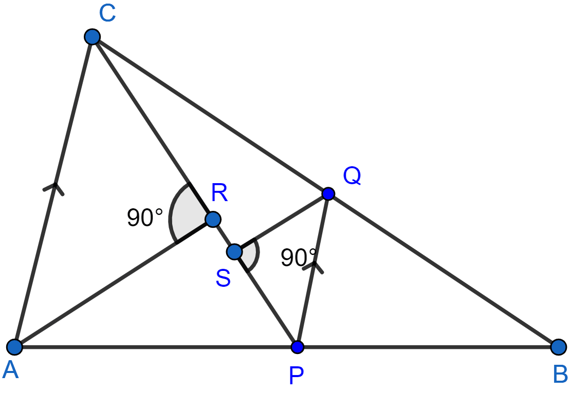 In the given figure, P is a point on AB such that PB : AP = 3 : 4 and PQ || AC. (i) Calculate PQ : AC. (ii) If AR ⊥ CP, QS ⊥ CB and QS = 6 cm, calculate the length of AR. Similarity, ML Aggarwal Understanding Mathematics Solutions ICSE Class 10.