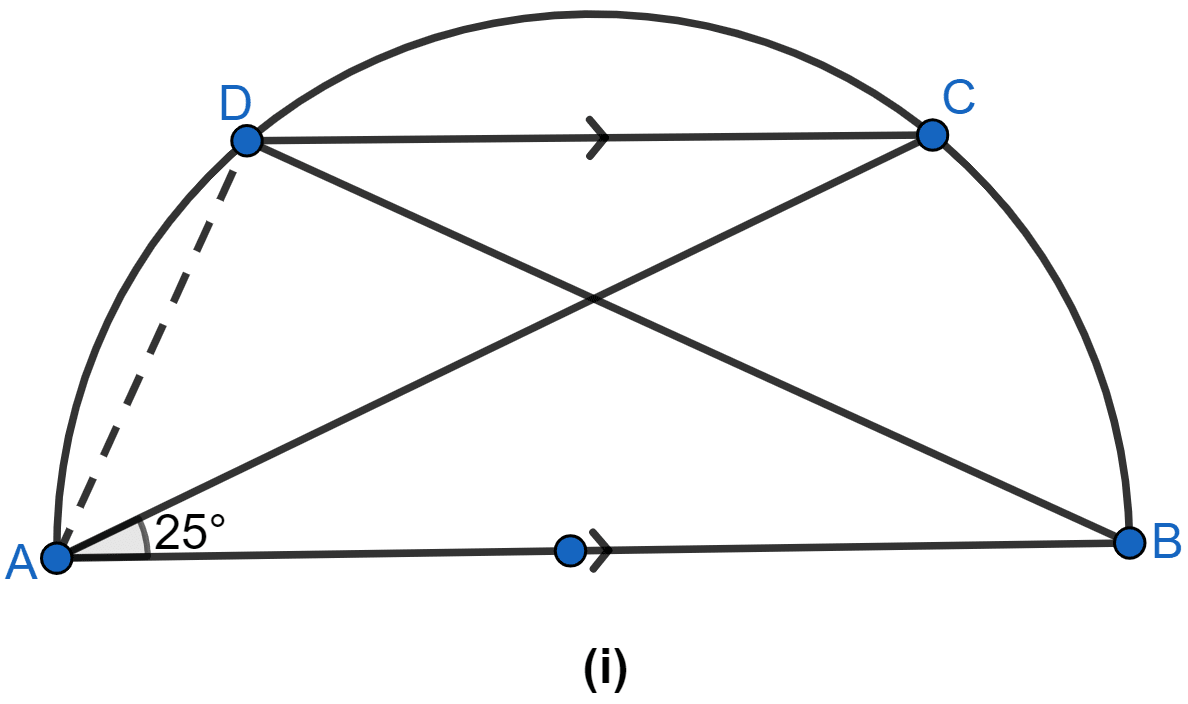 In the figure (i) given below, AB is diameter of a circle. If DC is parallel to AB and ∠CAB = 25°, find (i) ∠ADC (ii) ∠DAC. Circles, ML Aggarwal Understanding Mathematics Solutions ICSE Class 10.