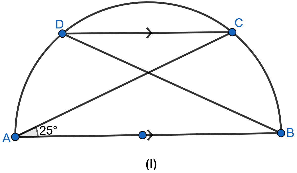 In the figure (i) given below, AB is diameter of a circle. If DC is parallel to AB and ∠CAB = 25°, find (i) ∠ADC (ii) ∠DAC. Circles, ML Aggarwal Understanding Mathematics Solutions ICSE Class 10.