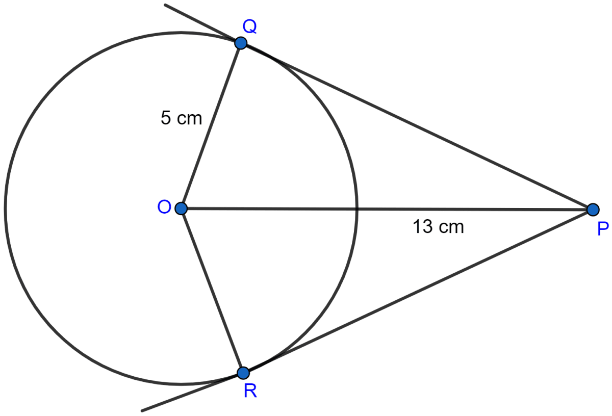 From a point which is at a distance of 13 cm from the centre O of a circle of radius 5 cm, the pair of tangents PQ and PR to the circle are drawn. Then the area of the quadrilateral PQOR is (a) 60 cm2 (b) 65 cm2 (c) 30 cm2 (d) 32.5 cm2. Circles, ML Aggarwal Understanding Mathematics Solutions ICSE Class 10.