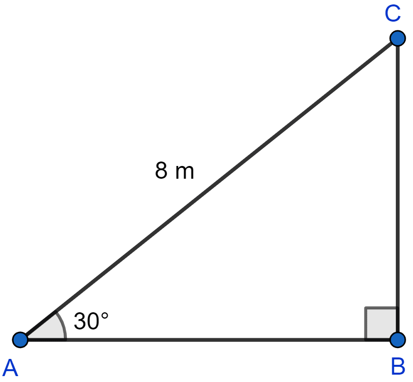 In △ABC, ∠A = 30° and ∠B = 90°. If AC = 8 cm, then its area is. Heights and Distances, ML Aggarwal Understanding Mathematics Solutions ICSE Class 10.