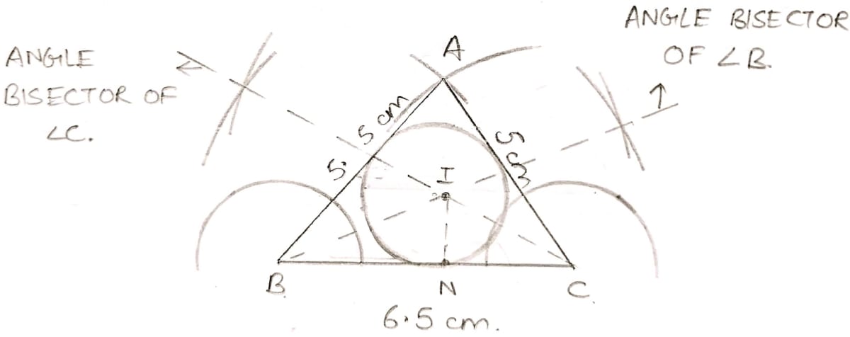 Construct a △ABC with BC = 6.5 cm, AB = 5.5 cm, AC = 5 cm. Construct the incircle of the triangle. Measure and record the radius of the incircle. Constructions, ML Aggarwal Understanding Mathematics Solutions ICSE Class 10.