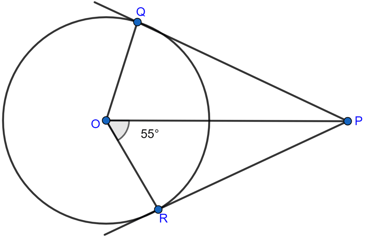 In the adjoining figure, PQ and PR are tangents from P to a circle with centre O. If ∠POR = 55°, then ∠QPR is (a) 35° (b) 55° (c) 70° (d) 80°. Circles, ML Aggarwal Understanding Mathematics Solutions ICSE Class 10.