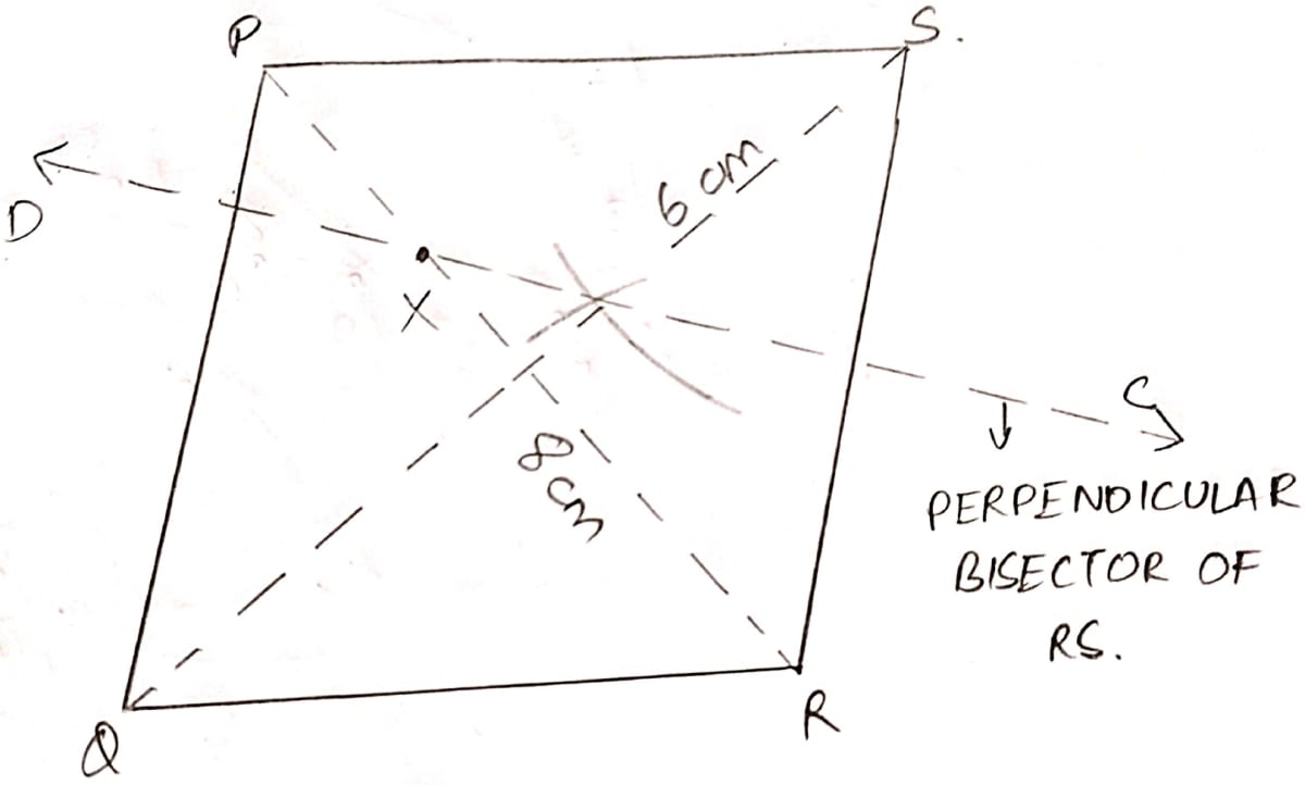 Construct a rhombus PQRS whose diagonals PR, QS are 8 cm and 6 cm respectively. Find by construction a point X equidistant from PQ, PS and equidistant from R, S. Measure XR. Locus, ML Aggarwal Understanding Mathematics Solutions ICSE Class 10.