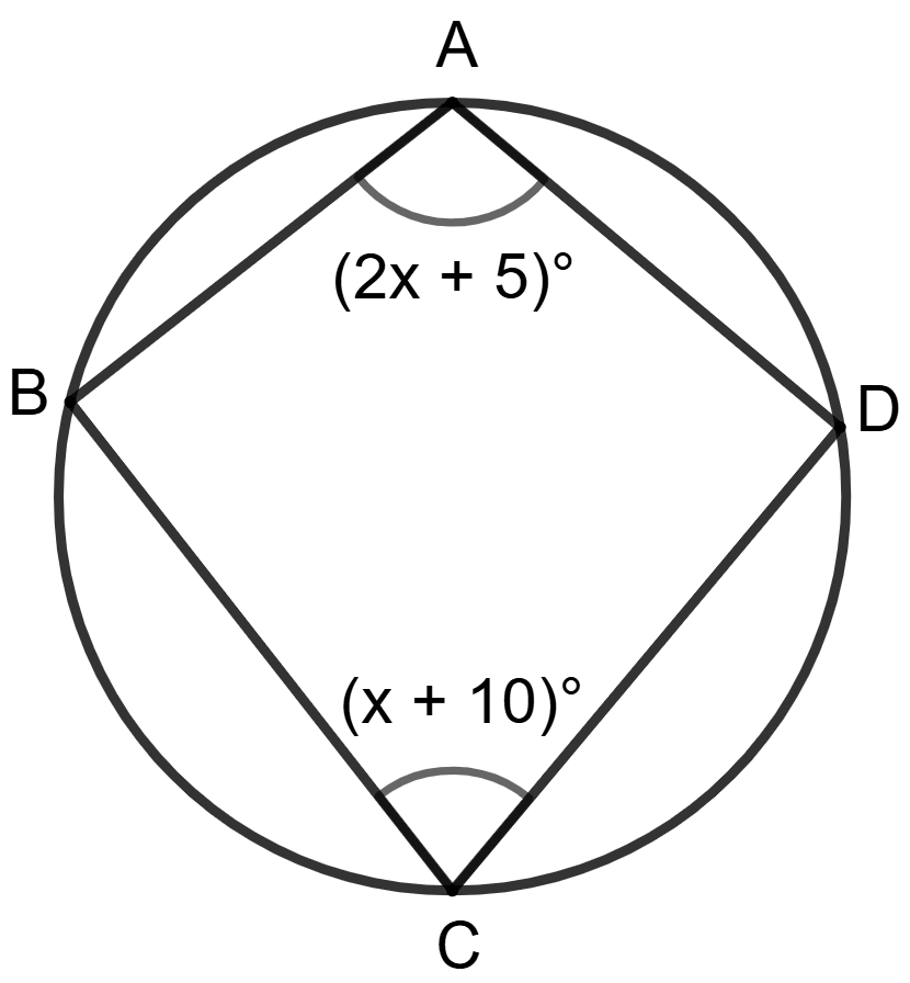 In the adjoining figure, ABCD is a cyclic quadrilateral. If ∠BAD = (2x + 5)° and ∠BCD = (x + 10)°, then x is equal to. Circles, ML Aggarwal Understanding Mathematics Solutions ICSE Class 10.