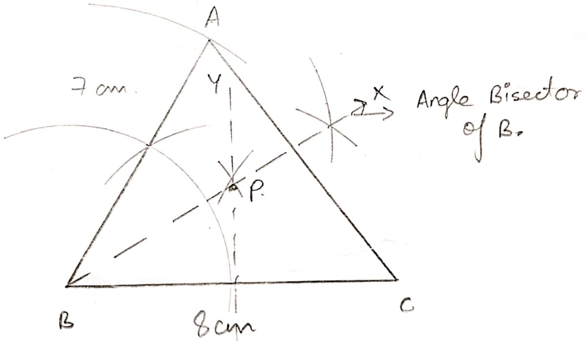 Construct triangle ABC, with AB = 7 cm, BC = 8 cm and ∠ABC = 60°. Locate by construction the point P such that (i) P is equidistant from B and C and (ii) P is equidistant from AB and BC. (iii) Measure and record the length of PB. Locus, ML Aggarwal Understanding Mathematics Solutions ICSE Class 10.