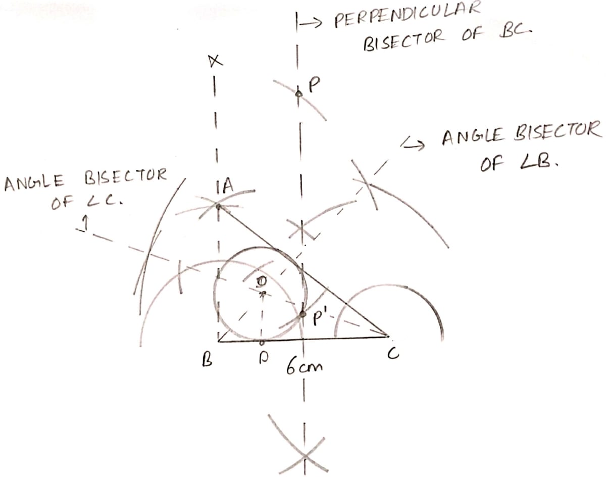 Construct a triangle ABC with the following data AB = 5 cm, BC = 6 cm and ∠ABC = 90°. (i) Find a point P which is equidistant from B and C and is 5 cm from A. How many such points are there ? (ii) Construct the inscribed circle of △ABC drawn above. Constructions, ML Aggarwal Understanding Mathematics Solutions ICSE Class 10.