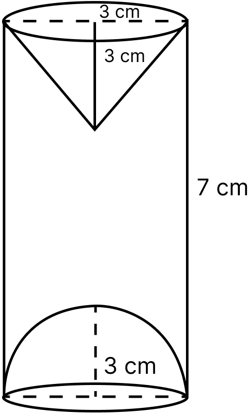 A hemispherical and conical hole are scooped out of a solid wooden cylinder. Find the volume of the remaining solid where the measurements are as follows The height of the cylinder is 7 cm, radius of each hemisphere, cone and cylinder is 3 cm. Height of cone is 3 cm. Give your answer correct to nearest whole number. Mensuration, ML Aggarwal Understanding Mathematics Solutions ICSE Class 10.