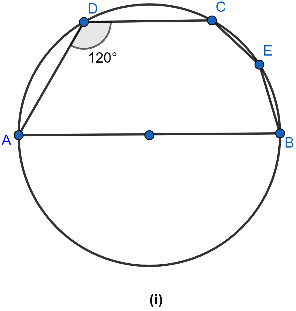 In the figure (i) given below, AB is a diameter of the circle. If ∠ADC = 120°, find ∠CAB. Circles, ML Aggarwal Understanding Mathematics Solutions ICSE Class 10.