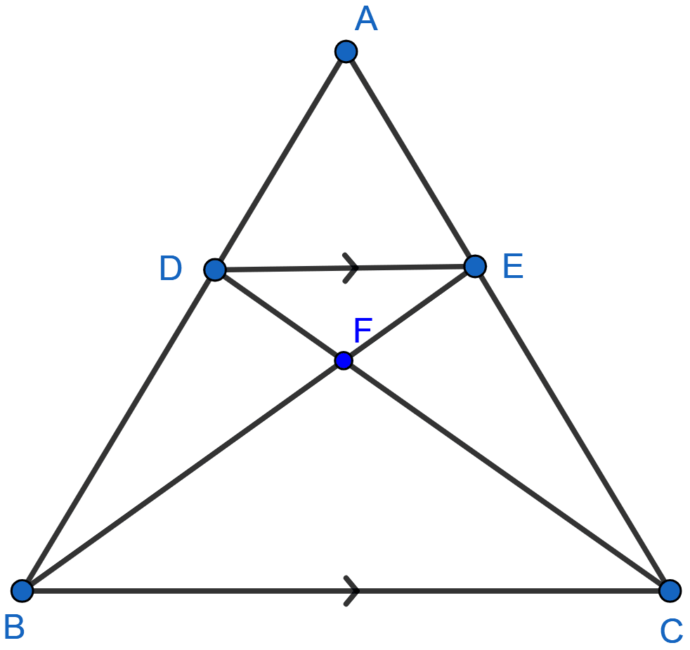 In the adjoining figure, ABC is a triangle. DE is parallel to BC and AD/DB = 3/2. Determine the ratio AD/AB, DE/BC. Prove that △DEF is similar to △CBF. Hence, find EF/FB. What is the ratio of the areas of △DEF and △CBF? Similarity, ML Aggarwal Understanding Mathematics Solutions ICSE Class 10.