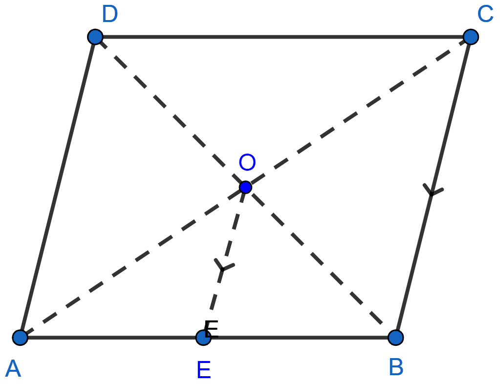 In the adjoining figure, the diagonals of a parallelogram intersect at O. OE is drawn parallel to CB to meet AB at E, find area of △AOE : area of ||gm ABCD. Similarity, ML Aggarwal Understanding Mathematics Solutions ICSE Class 10.