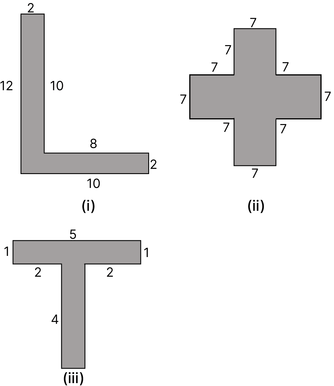 Split the following shapes into rectangles and find their areas. (The measures are given in centimetres): Perimeter & Area Mensuration, ML Aggarwal Understanding Mathematics Solutions ICSE Class 6.
