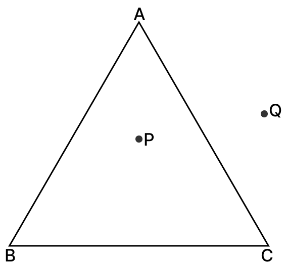 Draw a rough sketch of a triangle ABC. Mark a point P in its interior and a point Q in its exterior. Is the point A in its exterior or in its interior. Basic Geometrical Concepts, ML Aggarwal Understanding Mathematics Solutions ICSE Class 6.