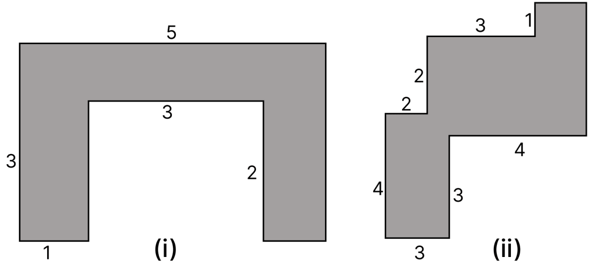 By splitting the following figures into rectangles, find their areas (The measures are given in centimetres). Perimeter & Area Mensuration, ML Aggarwal Understanding Mathematics Solutions ICSE Class 6.