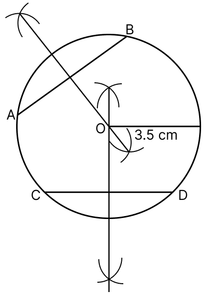 Draw a circle of radius 3.5 cm. Draw any two of its (non-parallel) chords. Construct the perpendicular bisectors of these chords. Where do they meet. Practical Geometry (Constructions), ML Aggarwal Understanding Mathematics Solutions ICSE Class 6.