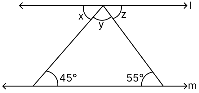 In the adjoining figure, l ∥ m. Find the values of x, y and z. Integers, ML Aggarwal Understanding Mathematics Solutions ICSE Class 7.