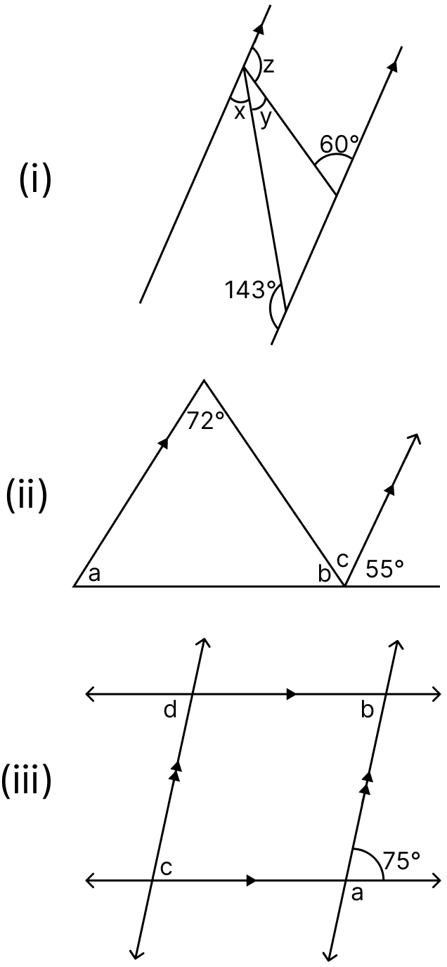 Calculate the measure of each lettered angle in the following figure (parallel lines, segment or rays are denoted by thick matching arrows). Integers, ML Aggarwal Understanding Mathematics Solutions ICSE Class 7.