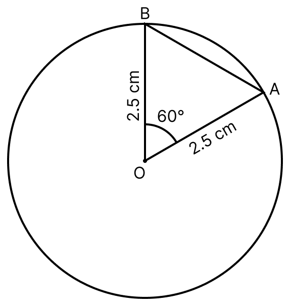 Draw a circle with centre O and radius 2.5 cm. Draw two radii OA and OB such that ∠AOB = 60°. Measure the length of the chord AB. Circles, ML Aggarwal Understanding Mathematics Solutions ICSE Class 8