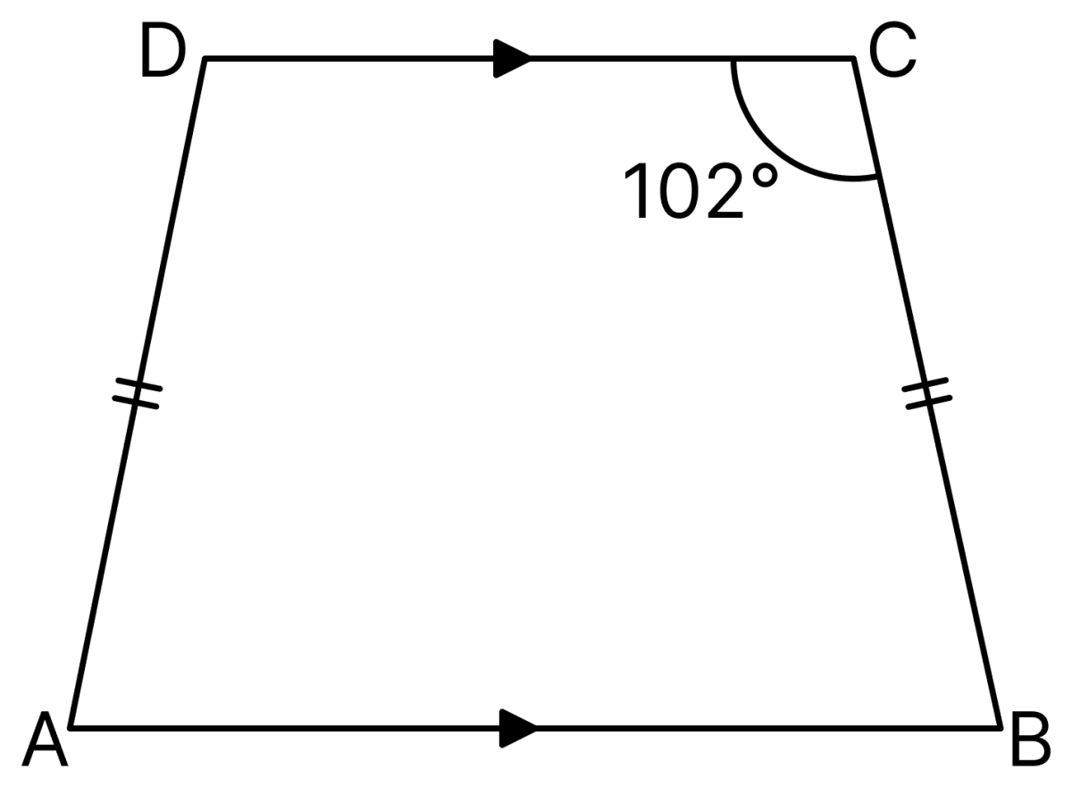 In the adjoining isosceles trapezium ABCD, ∠C = 102°. Find all the remaining angles of the trapezium. Understanding Shapes, ML Aggarwal Understanding Mathematics Solutions ICSE Class 8