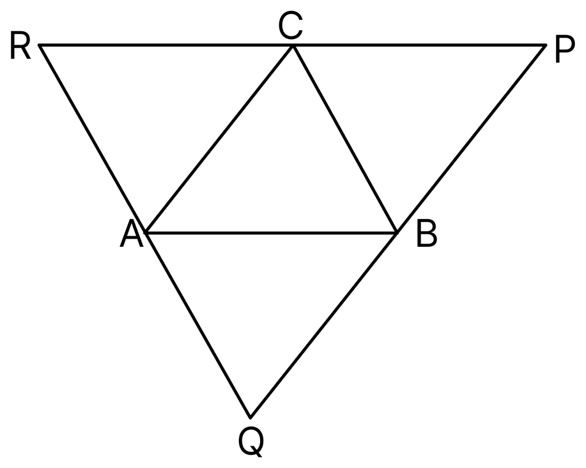 In the adjoining figure, ABC is a triangle. Through A, B and C lines are drawn parallel to BC, CA and AB respectively, which forms a ΔPQR. Show that 2(AB + BC + CA) = PQ + QR + RP. Understanding Shapes, ML Aggarwal Understanding Mathematics Solutions ICSE Class 8