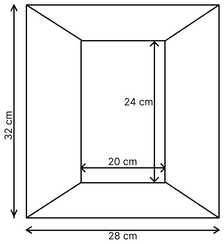 Diagram of the adjacent picture frame has outer dimensions = 28 cm × 32 cm and inner dimensions 20 cm × 24 cm. Find the area of each section of the frame, if the width of each section is same. Mensuration, ML Aggarwal Understanding Mathematics Solutions ICSE Class 8