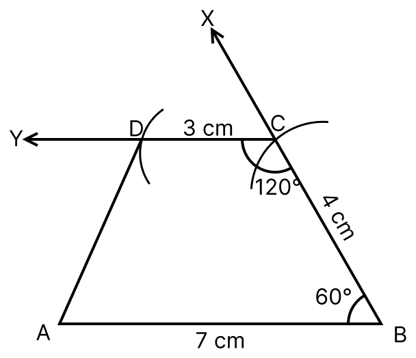 Construct a trapezium ABCD in which AB = 7 cm, BC = 4 cm, CD = 3 cm, ∠B = 60° and AB ∥ DC. Construction of Quadrilaterals, ML Aggarwal Understanding Mathematics Solutions ICSE Class 8