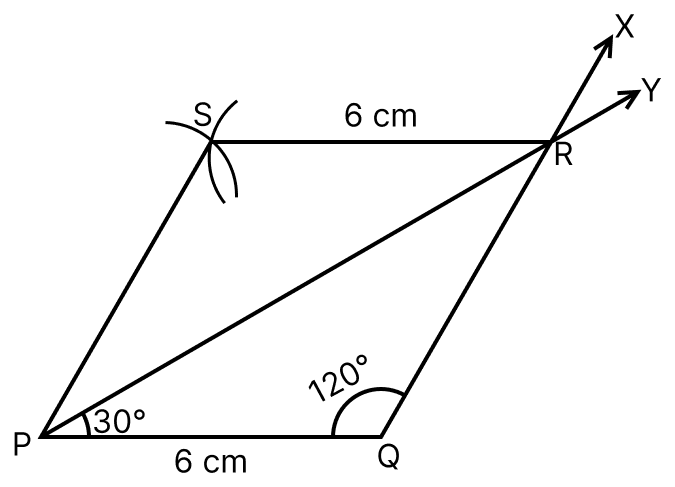 Construct a parallelogram PQRS in which PQ = 6 cm, ∠Q = 120° and ∠RPQ = 30°. Construction of Quadrilaterals, ML Aggarwal Understanding Mathematics Solutions ICSE Class 8