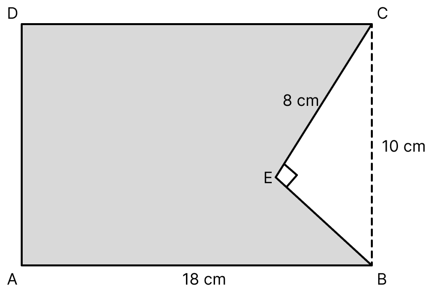 In the adjoining figure, ABCD is a rectangle of size 18 cm by 10 cm. In ΔBEC, ∠E = 90° and EC = 8 cm. Find the area enclosed by the pentagon ABECD. Mensuration, ML Aggarwal Understanding Mathematics Solutions ICSE Class 8