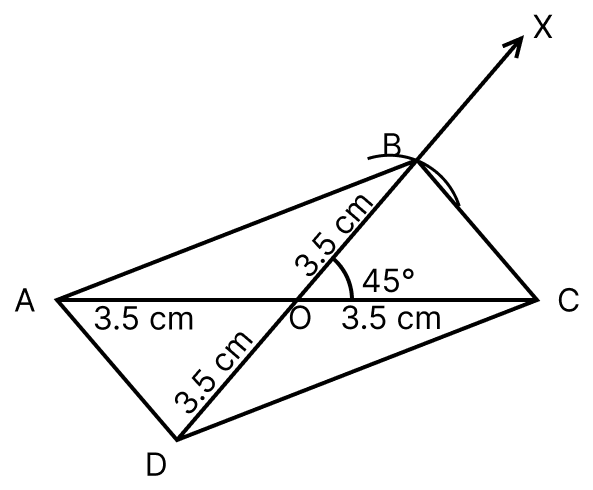 Construct a rectangle ABCD in which diagonal AC = 7 cm and the diagonals BD and AC intersect at O such that ∠BOC = 45°. Construction of Quadrilaterals, ML Aggarwal Understanding Mathematics Solutions ICSE Class 8