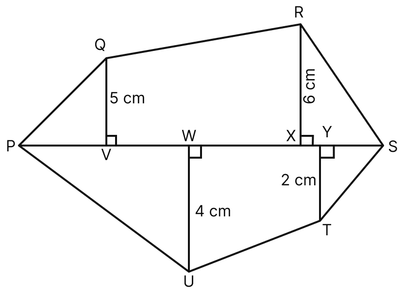 Find the area of polygon PQRSTU shown in adjoining figure, if PS = 11 cm, PY = 9 cm, PX = 8 cm, PW = 5 cm, PV = 3 cm, QV = 5 cm, UW = 4 cm, RX = 6 cm, TY = 2 cm. Mensuration, ML Aggarwal Understanding Mathematics Solutions ICSE Class 8