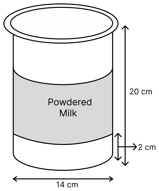 A company packages its milk powder in cylindrical container whose base has a diameter of 14 cm and height 20 cm. Company places a label around the surface of the container (as shown in the figure). If the label is placed 2 cm from top and bottom, what is the area of the label? Mensuration, ML Aggarwal Understanding Mathematics Solutions ICSE Class 8