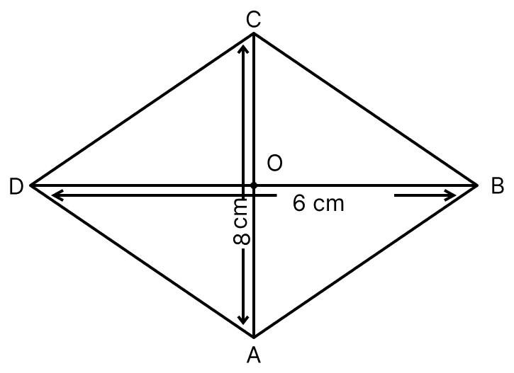 In a rhombus ABCD, diagonals AC and BD are respectively 8 cm and 6 cm, the length of each side of rhombus is. Understanding Shapes, ML Aggarwal Understanding Mathematics Solutions ICSE Class 8