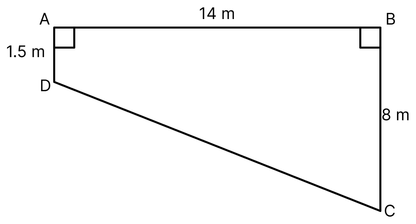 The cross-section ABCD of a swimming pool is a trapezium. Its width AB = 14 m, depth at the shallow end is 1.5 m and at the deep end is 8 m. Find the area of the cross-section. Mensuration, ML Aggarwal Understanding Mathematics Solutions ICSE Class 8