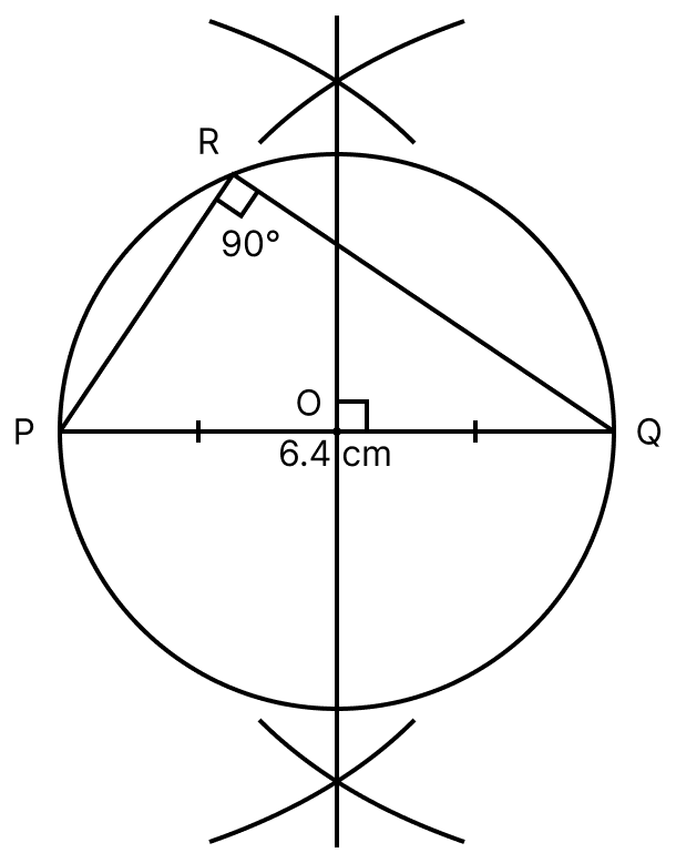 Draw a line segment PQ = 6.4 cm. Construct a circle on PQ as diameter. Take any point R on this circle and measure ∠PRQ. Circles, ML Aggarwal Understanding Mathematics Solutions ICSE Class 8