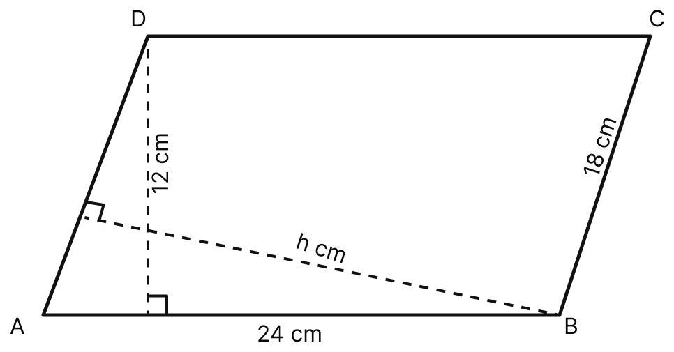 Two adjacent sides of a parallelogram are 24 cm and 18 cm. If the distance between longer sides is 12 cm, find the distance between shorter sides. Mensuration, ML Aggarwal Understanding Mathematics Solutions ICSE Class 8