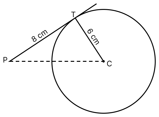 In the adjoining figure, the tangent to a circle of radius 6 cm from an external point P is of length 8 cm. Calculate the distance of the point P from the nearest point of the circumference. Circles, ML Aggarwal Understanding Mathematics Solutions ICSE Class 8