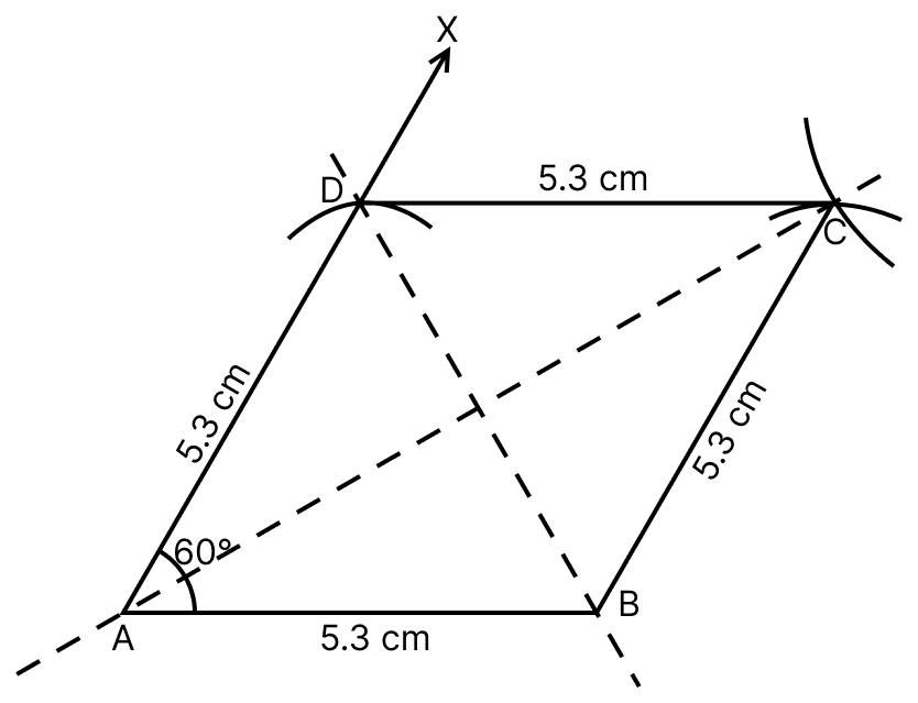 Construct a rhombus ABCD with AB = 5.3 cm and ∠A = 60°. Draw its line (or lines) of symmetry. Symmetry Reflection Rotation, ML Aggarwal Understanding Mathematics Solutions ICSE Class 8