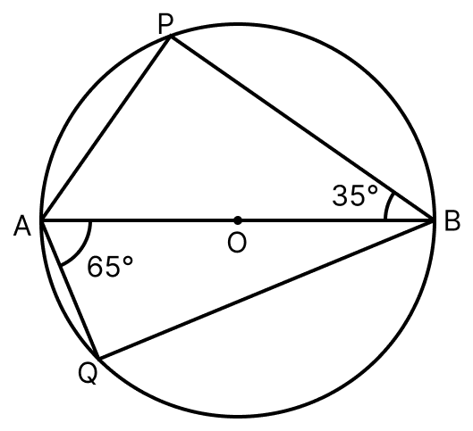 In the adjoining figure, O is the centre of the circle. If ∠ABP = 35° and ∠BAQ = 65°, find. Circles, ML Aggarwal Understanding Mathematics Solutions ICSE Class 8