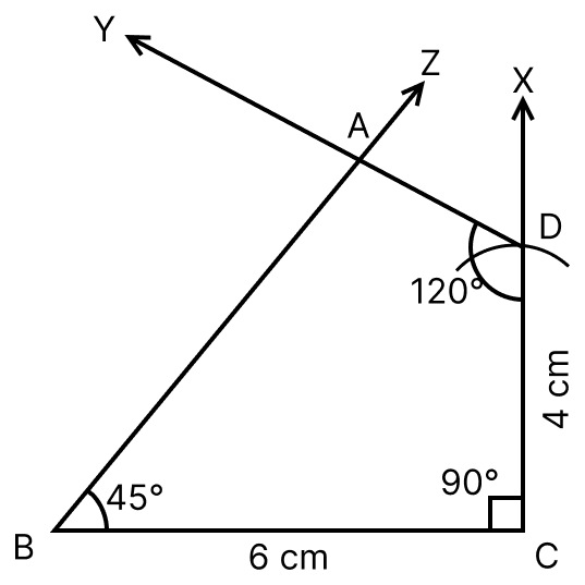 Construct a quadrilateral ABCD given that BC = 6 cm, CD = 4 cm, ∠B = 45°, ∠C = 90° and ∠D = 120°. Construction of Quadrilaterals, ML Aggarwal Understanding Mathematics Solutions ICSE Class 8