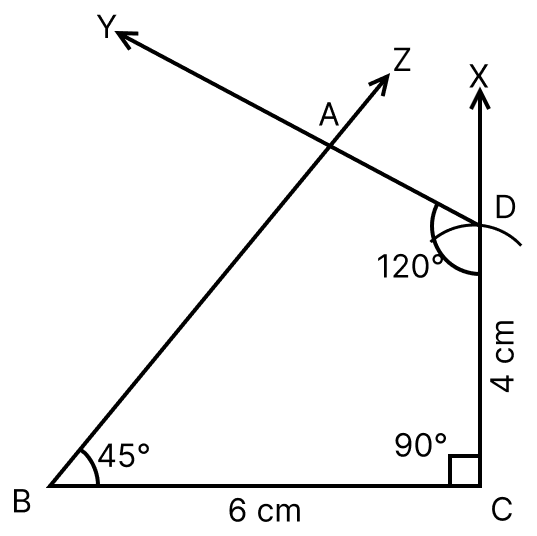 Construct a quadrilateral ABCD given that BC = 6 cm, CD = 4 cm, ∠B = 45°, ∠C = 90° and ∠D = 120°. Construction of Quadrilaterals, ML Aggarwal Understanding Mathematics Solutions ICSE Class 8