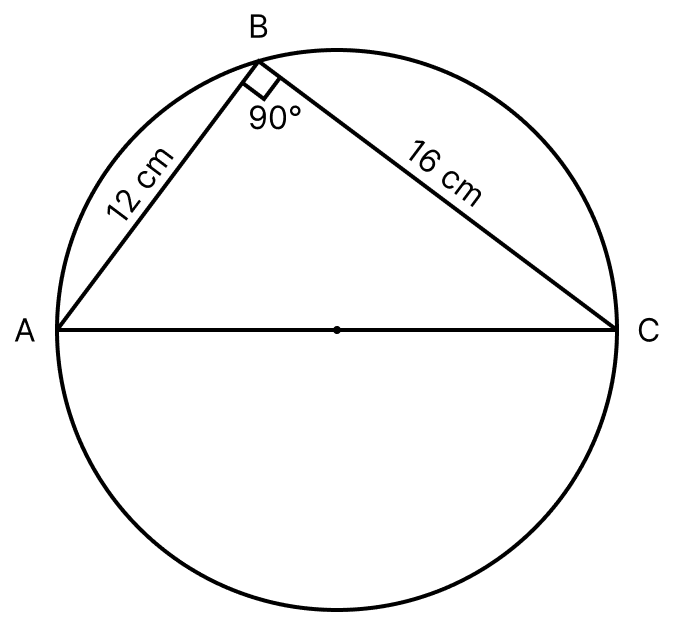 If AB = 12 cm, BC = 16 cm and AB is perpendicular to BC, then the radius of the circle passing through the points A, B and C is. Circles, ML Aggarwal Understanding Mathematics Solutions ICSE Class 8