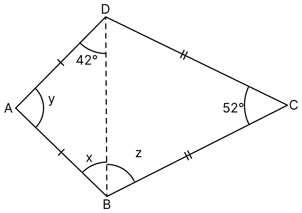 In the adjoining figure, ABCD is a kite. If ∠BCD = 52° and ∠ADB = 42°, find the values of x, y and z. Understanding Shapes, ML Aggarwal Understanding Mathematics Solutions ICSE Class 8