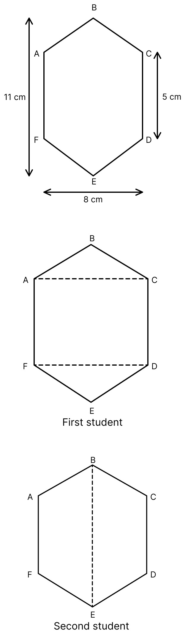 There is a hexagon ABCDEF of side 5 cm. Two students divided it in different ways. Find the area of this hexagon using both ways. Mensuration, ML Aggarwal Understanding Mathematics Solutions ICSE Class 8