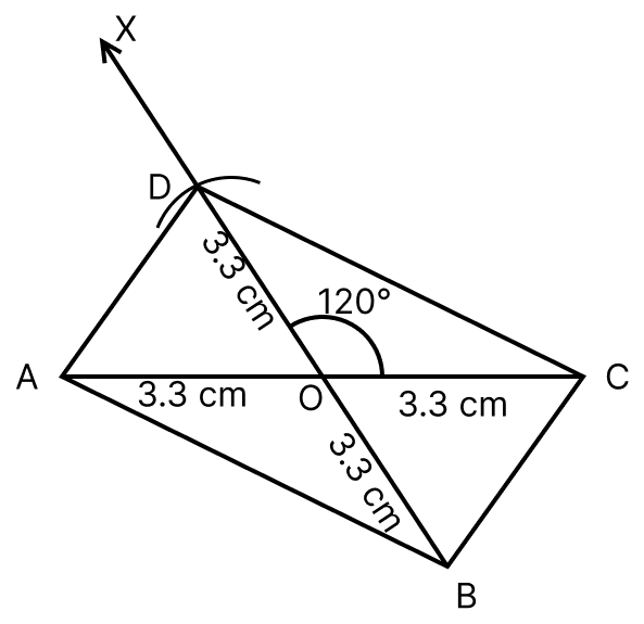 Construct a rectangle such that one diagonal is 6.6 cm and an angle between two diagonals is 120°. Construction of Quadrilaterals, ML Aggarwal Understanding Mathematics Solutions ICSE Class 8