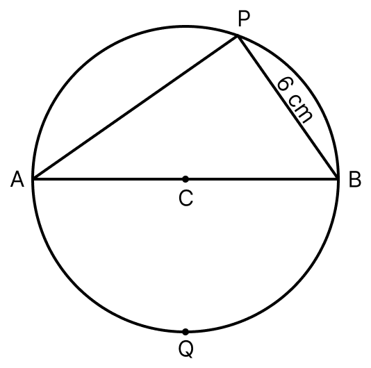 Statement I: In the adjoining figure, AB is the diameter. If the radius of the circle is 5 cm and PB = 6 cm, then AP = 7 cm. Statement II: The arc overset frownAPB = the arc overset frownAQB. Circles, ML Aggarwal Understanding Mathematics Solutions ICSE Class 8