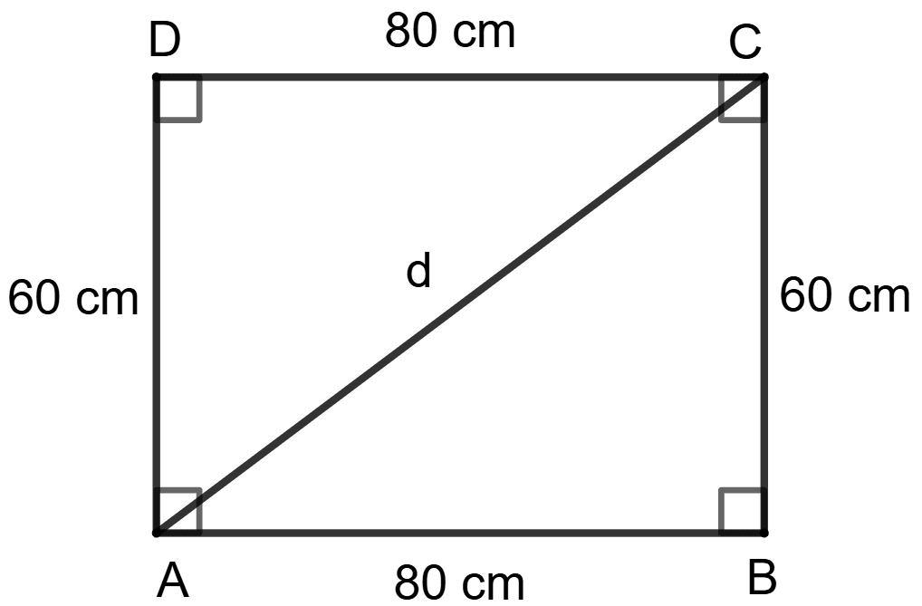 If the sides of a rectangular plot are 80 m and 60 m, then the length of its diagonal is 100 m. Pythagoras Theorem, ML Aggarwal Understanding Mathematics Solutions ICSE Class 9.