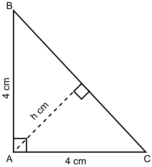 ABC is a triangle in which AB = AC = 4 cm and ∠A = 90°. Calculate the area of △ABC. Also find the length of perpendicular from A to BC. Mensuration, ML Aggarwal Understanding Mathematics Solutions ICSE Class 9.