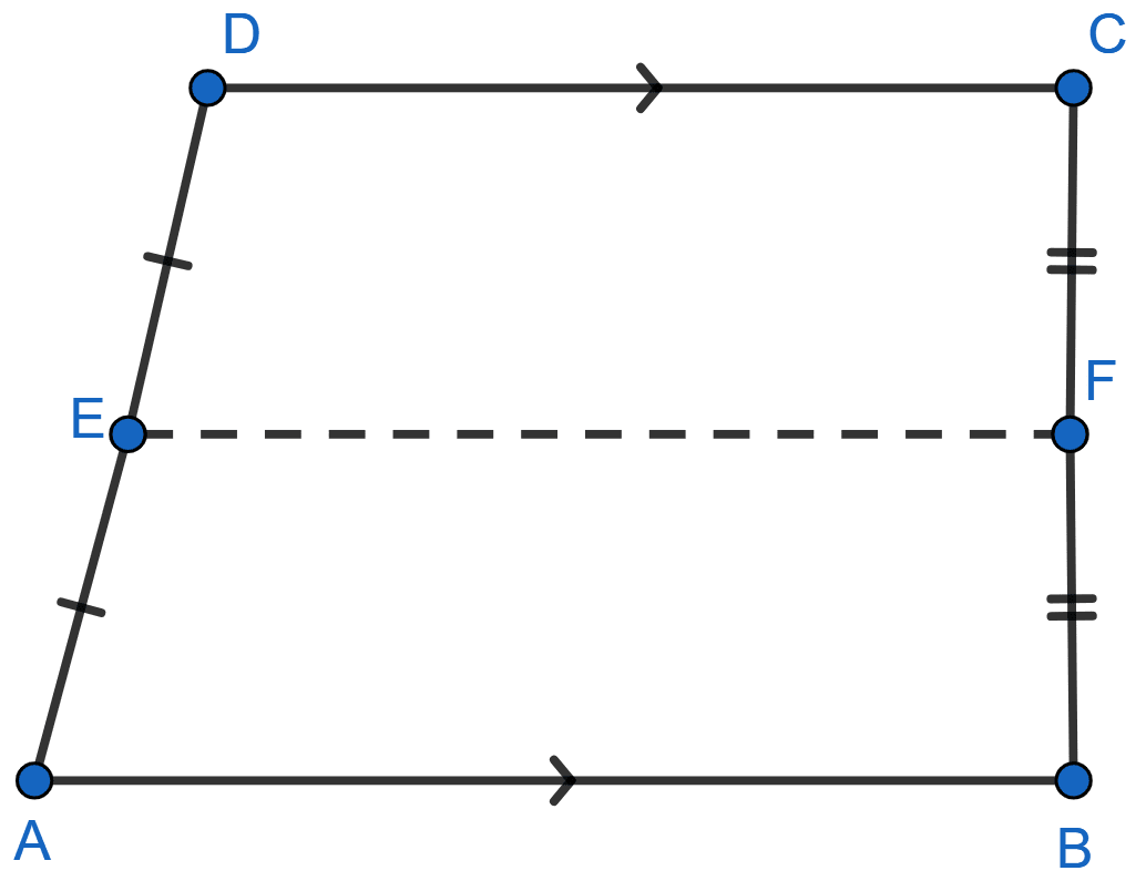 In the quadrilateral, AB || DC. E and F are mid-points of non-parallel sides AD and BC. Calculate (i) EF if AB = 6 cm and DC = 4 cm (ii) AB if DC = 8 cm and EF = 9 cm. Mid-point Theorem, ML Aggarwal Understanding Mathematics Solutions ICSE Class 9.